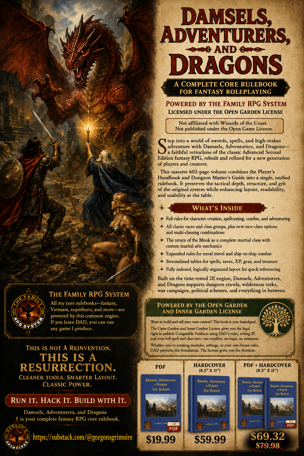Damsels, Adventurers, and Dragons promotional sales sheet.