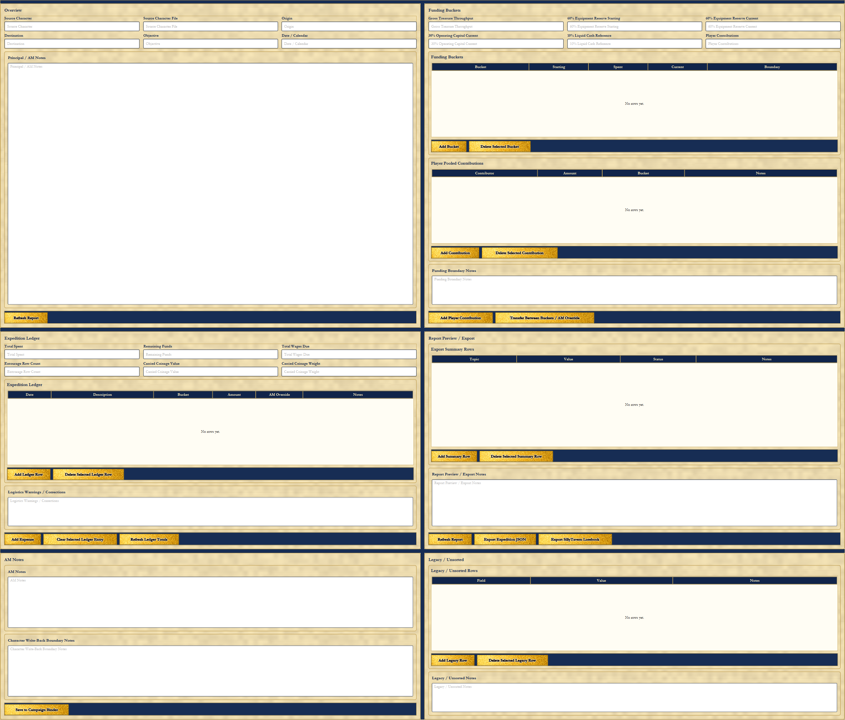 DAD Expedition Planner Page 5 showing expedition overview, funding buckets, pooled contributions, ledger, warnings, report preview, exports, and campaign binder handoff.