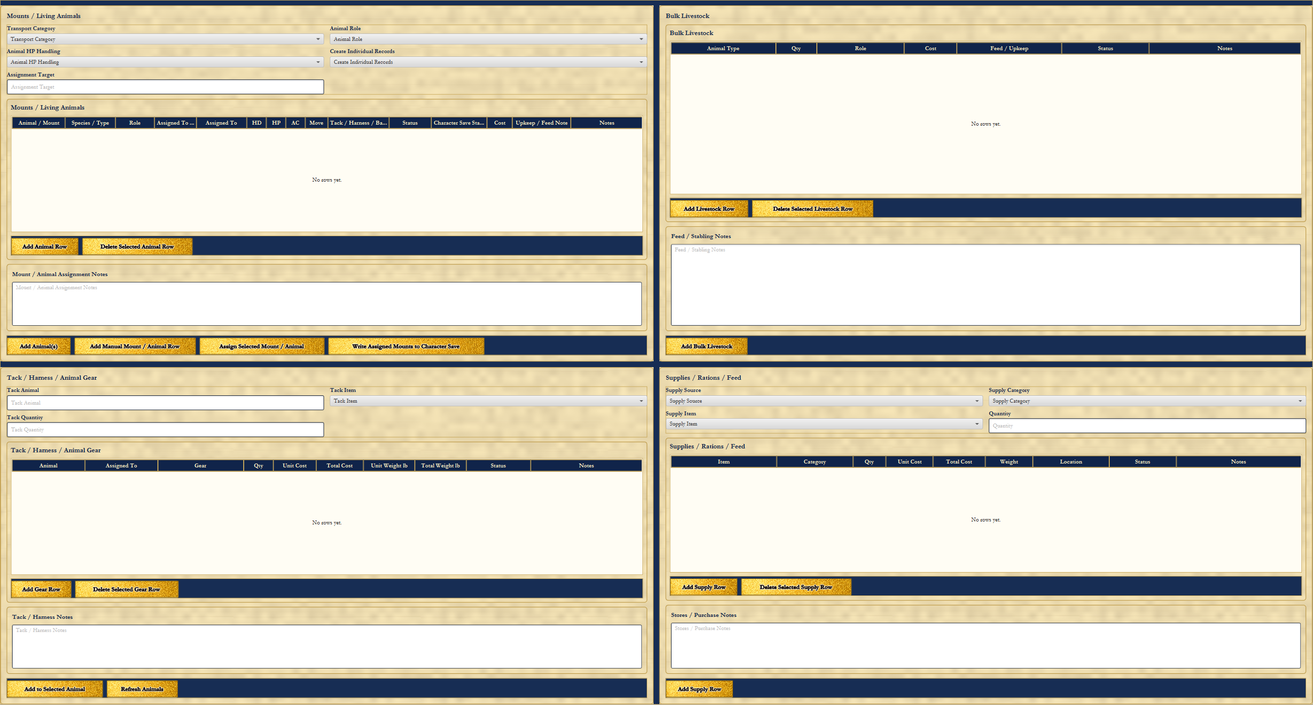 DAD Expedition Planner Page 2 showing mounts, living animals, bulk livestock, tack, harness, animal gear, supplies, rations, feed, and stabling notes.