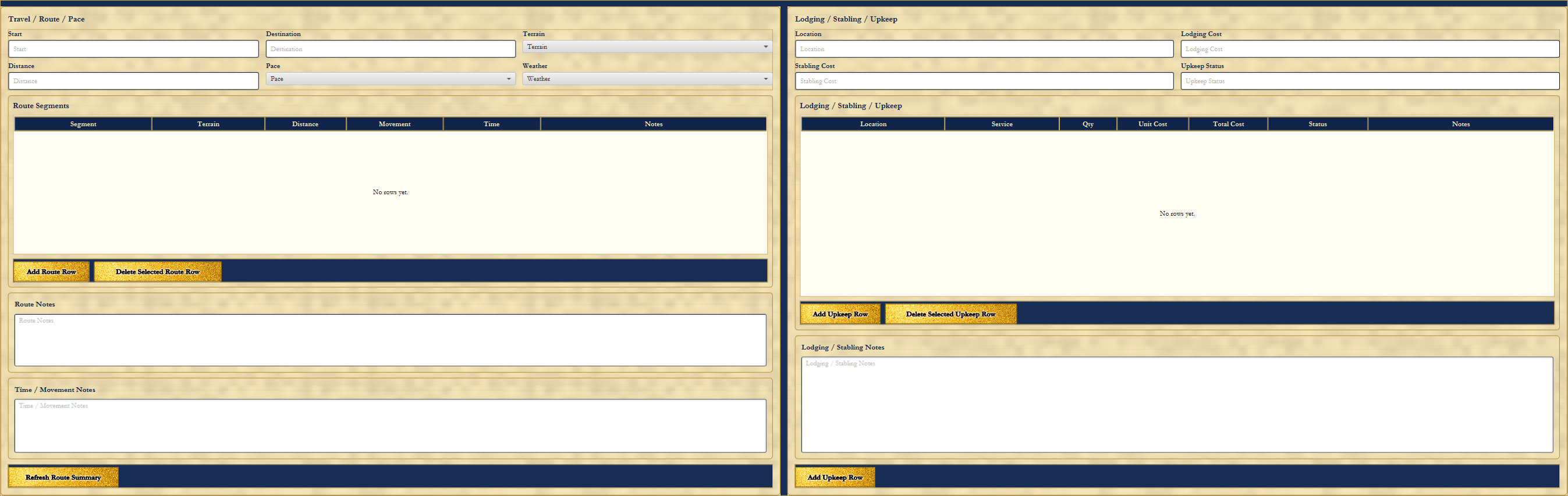 DAD Expedition Planner Page 3 showing travel route planning, route segments, pace, terrain, weather, lodging, stabling, services, and upkeep.