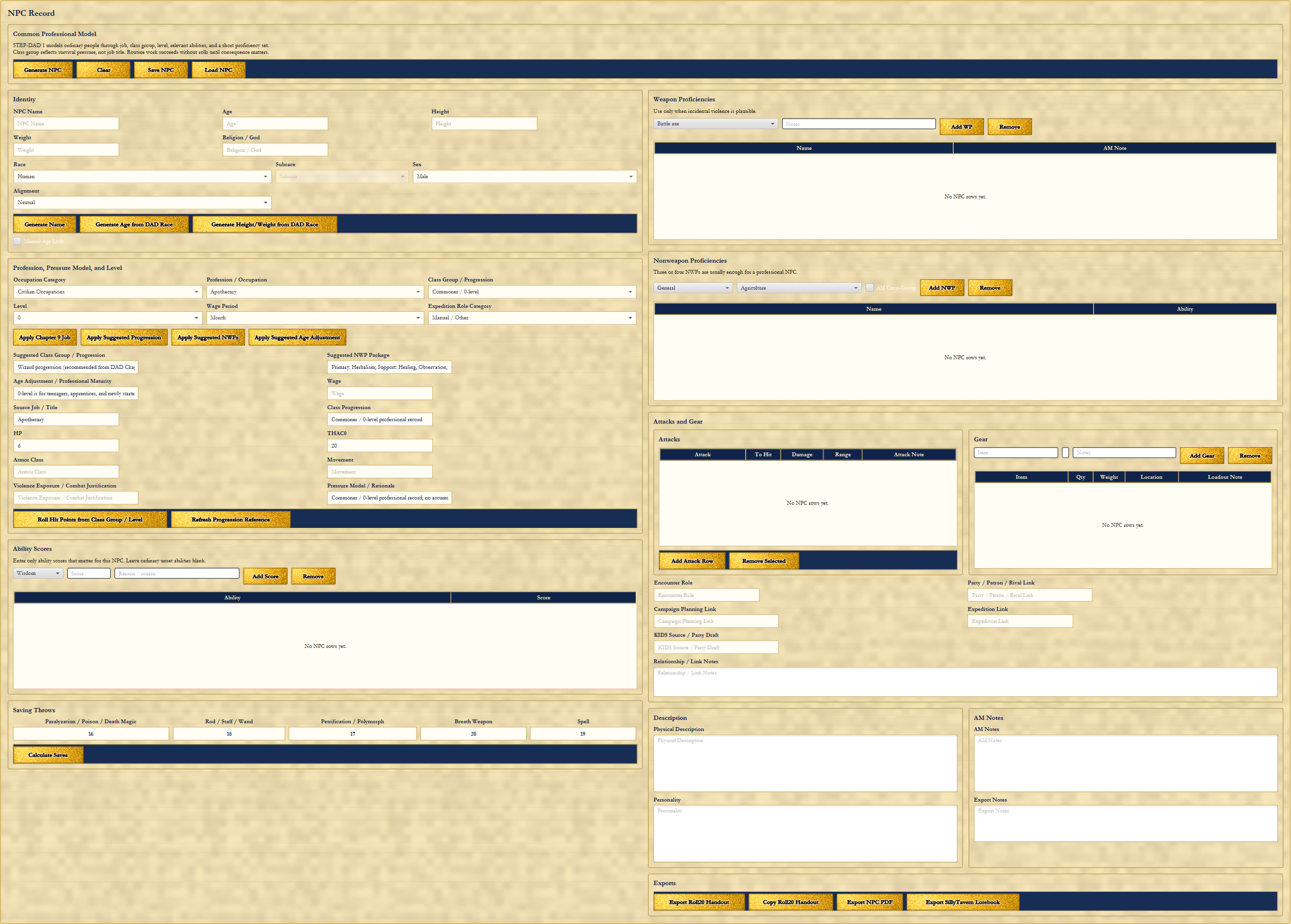 DAD NPC Creator showing the NPC Record page with identity, profession, pressure model, level, abilities, saving throws, weapon proficiencies, nonweapon proficiencies, attacks, gear, links, description, notes, and export controls.