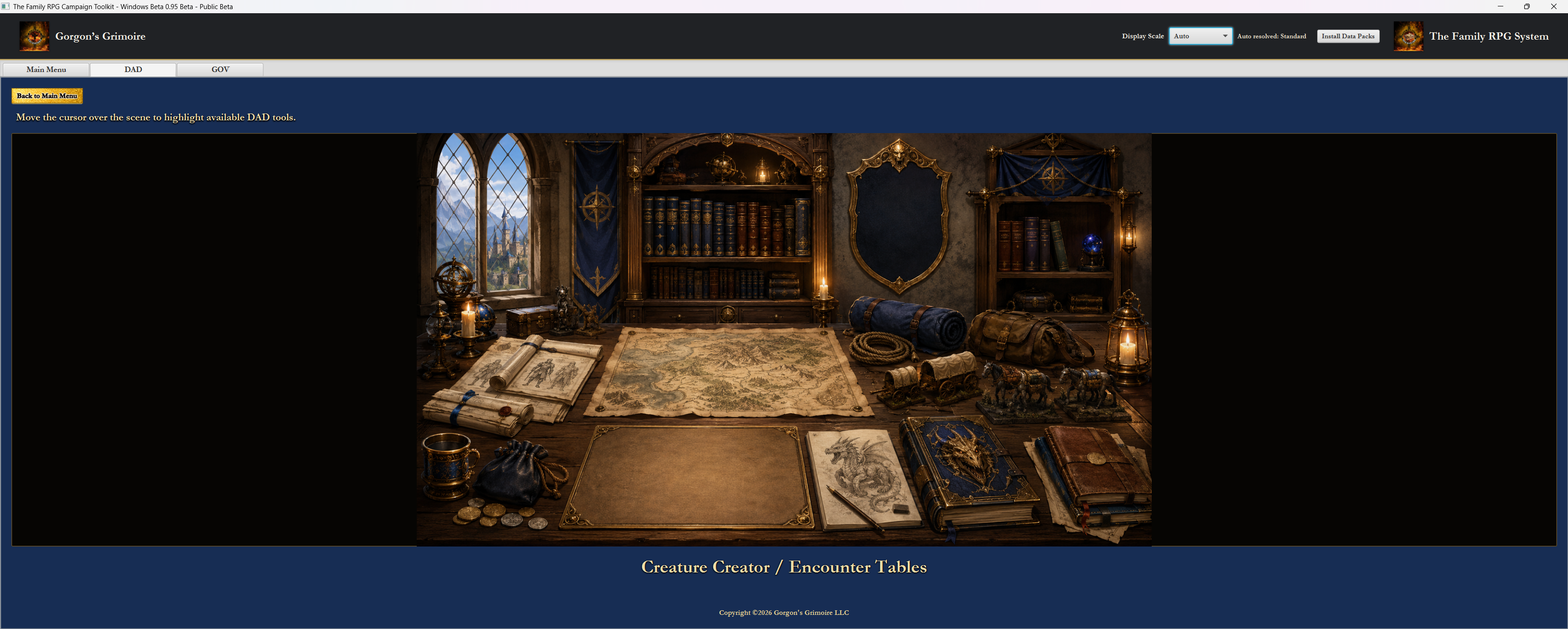 The Family RPG Campaign Toolkit DAD illustrated menu showing the fantasy tool scene and highlighted tool title area.