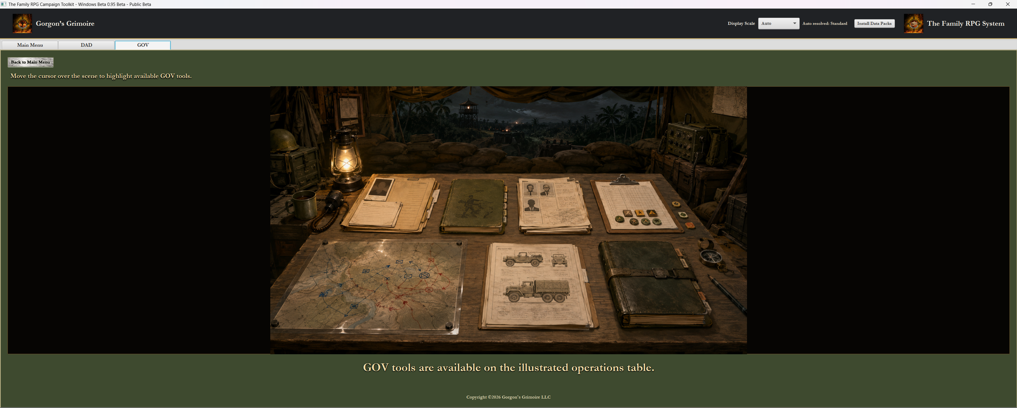 The Family RPG Campaign Toolkit GOV illustrated menu showing the Vietnam operations table and highlighted tool title area.