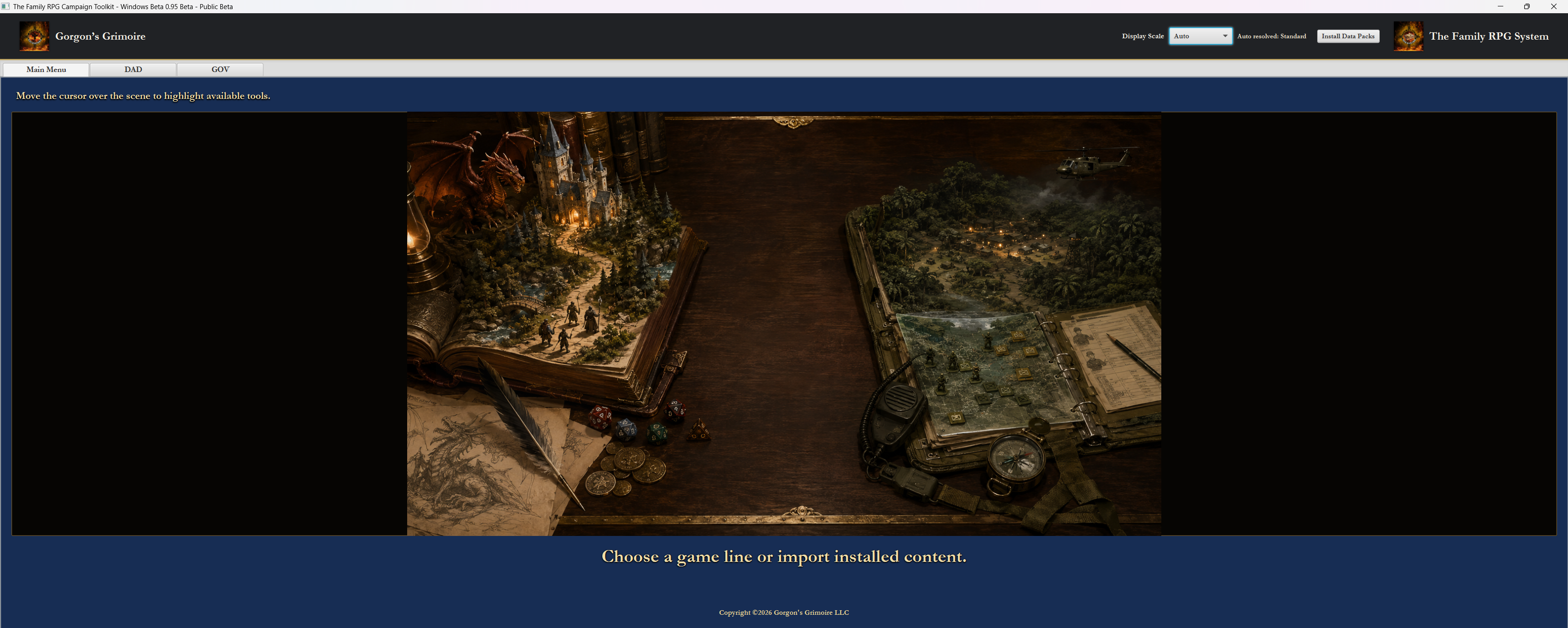 The Family RPG Campaign Toolkit main menu showing DAD, GOV, and installed content selection.