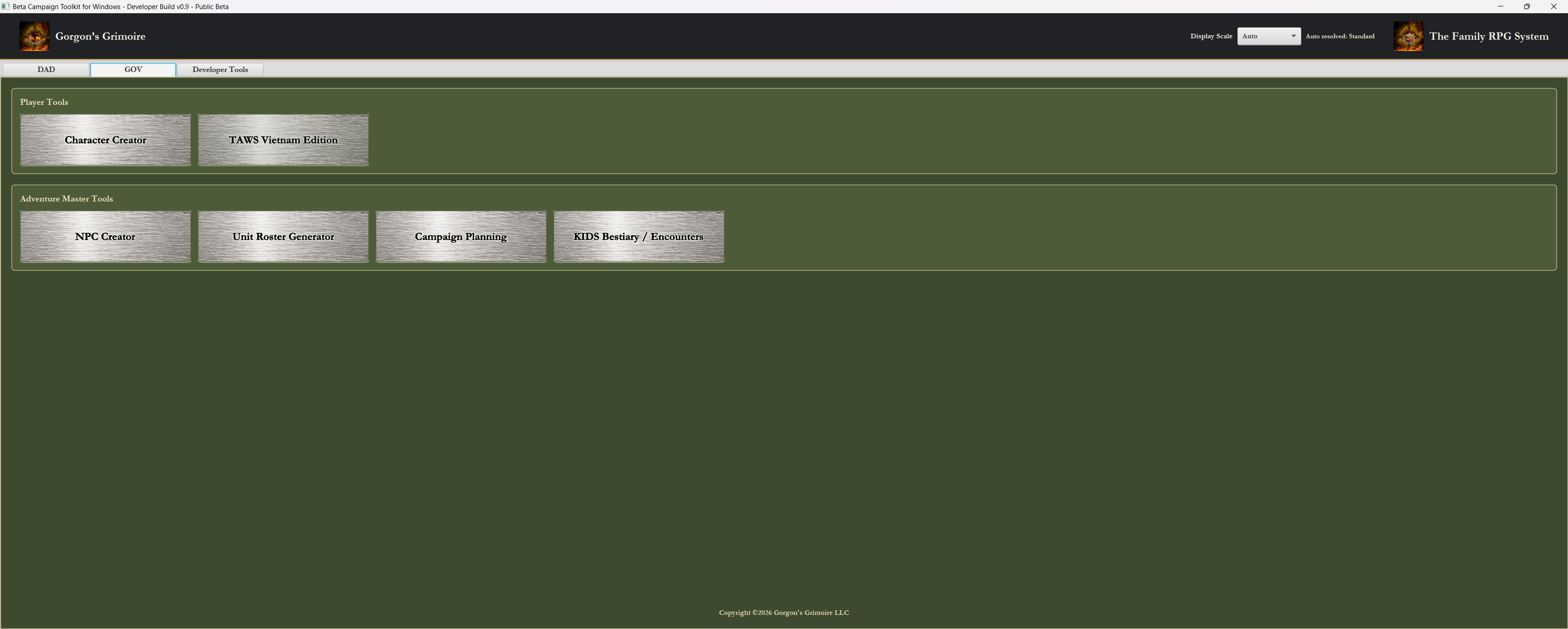 Earlier GOV button-grid menu for The Family RPG Campaign Toolkit showing direct tool buttons.
