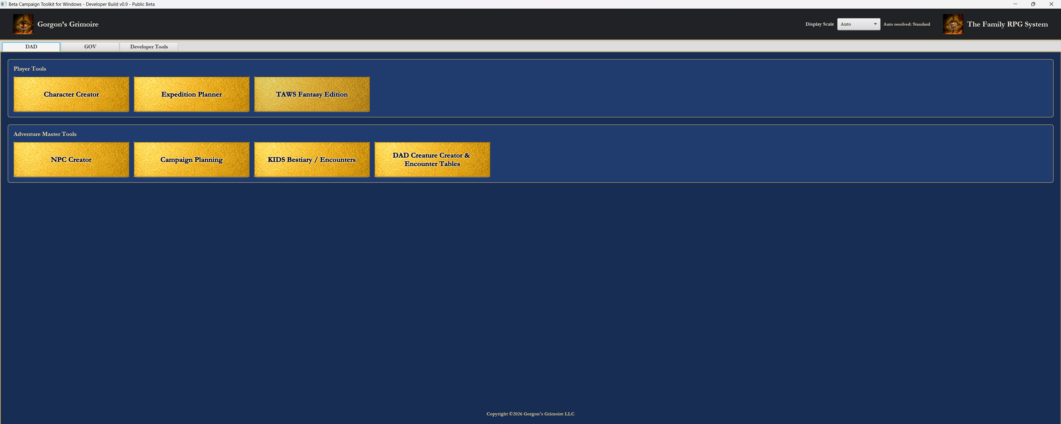 The Family RPG Campaign Toolkit launcher showing the DAD tab, Player Tools, Adventure Master Tools, and development-only Developer Tools tab.