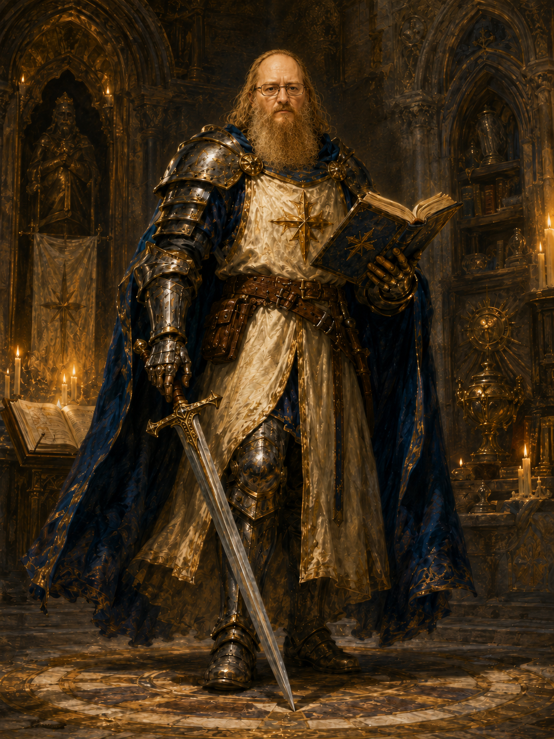 Richard L. Littles portrayed as a wise fantasy paladin holding a grimoire.