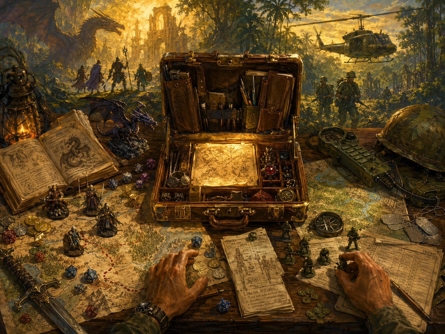 The Family RPG Campaign Toolkit shown as an Adventure Master&rsquo;s table with fantasy maps, Vietnam maps, dice, miniatures, rosters, expedition notes, and a glowing campaign case.