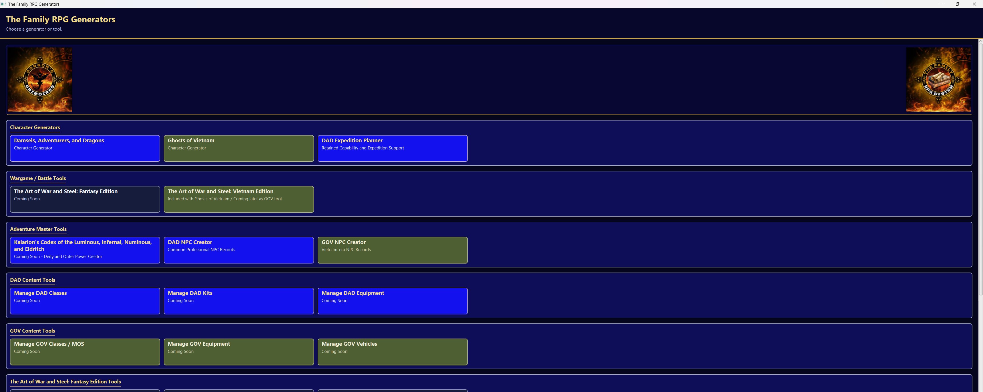 Old Family RPG Generators main menu with dark mobile-style panels and large stretched desktop spacing.