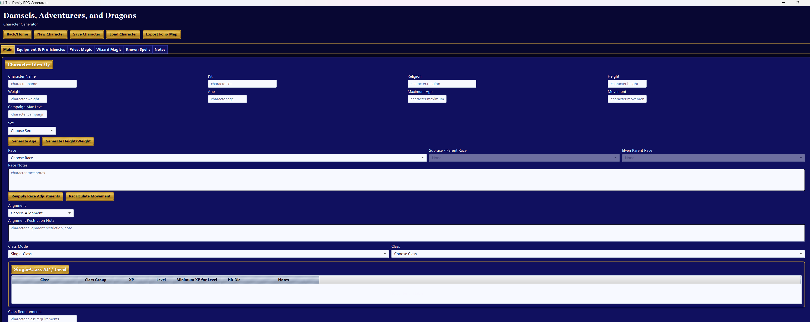 Old DAD Character Generator screen with dark background, small fields, tabs, and cramped form controls.
