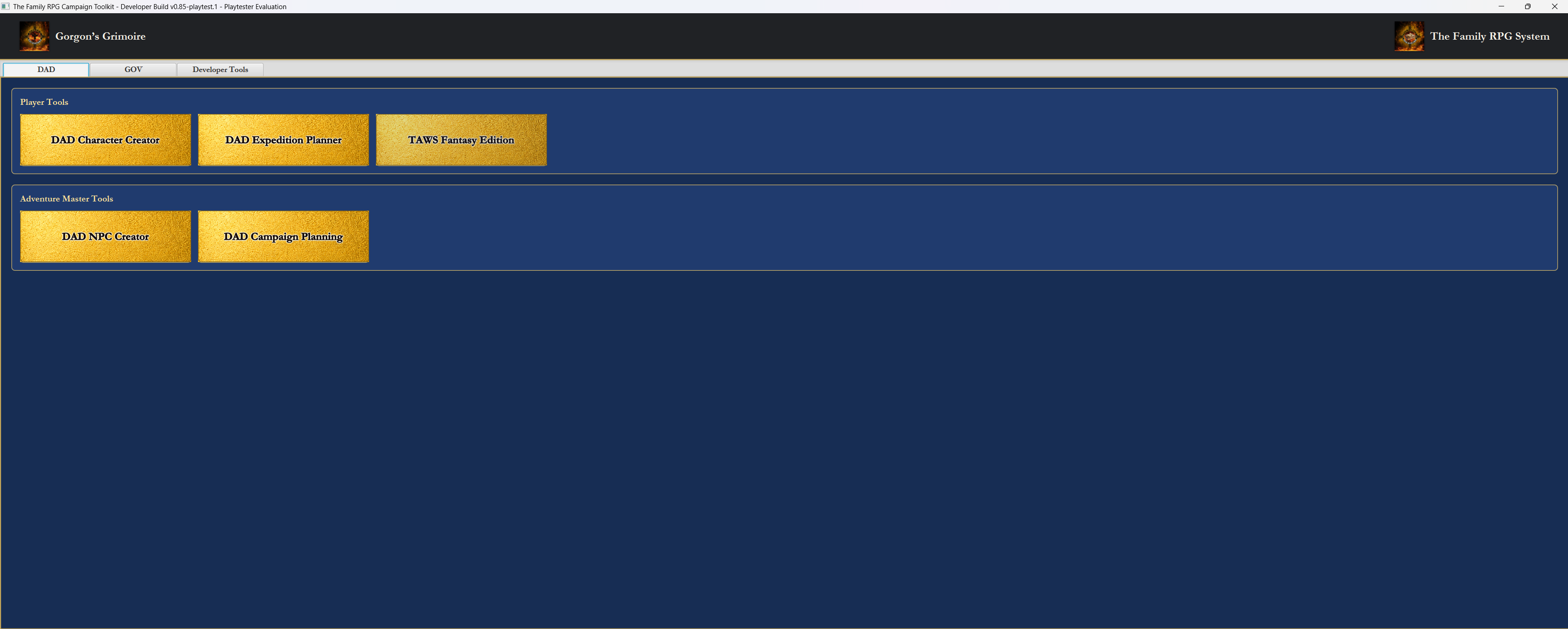 New Family RPG Campaign Toolkit launcher showing DAD, GOV, and Developer Tools tabs with parchment tool cards.