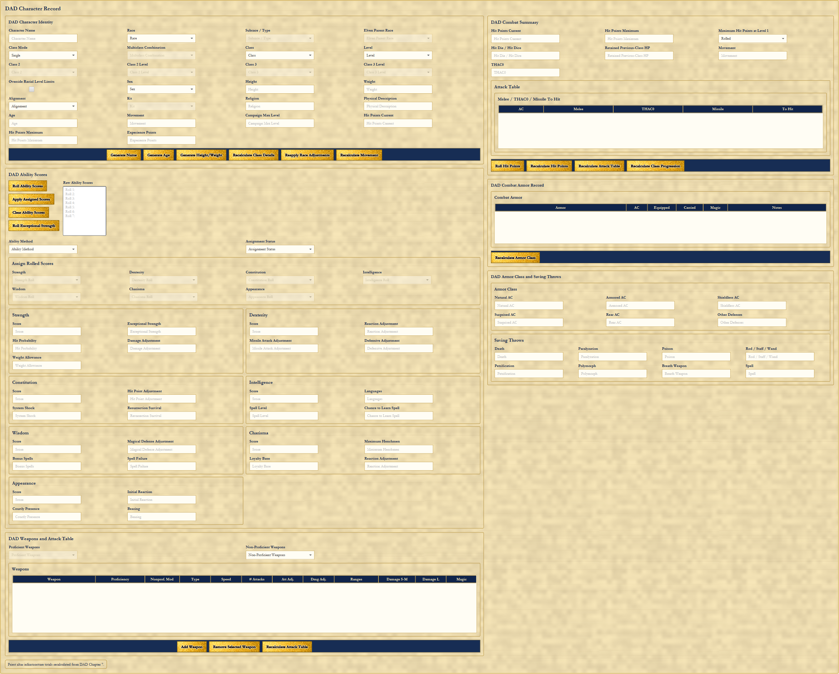 New DAD Character Record page showing identity, race, class, ability scores, combat summary, armor, saving throws, and weapons.
