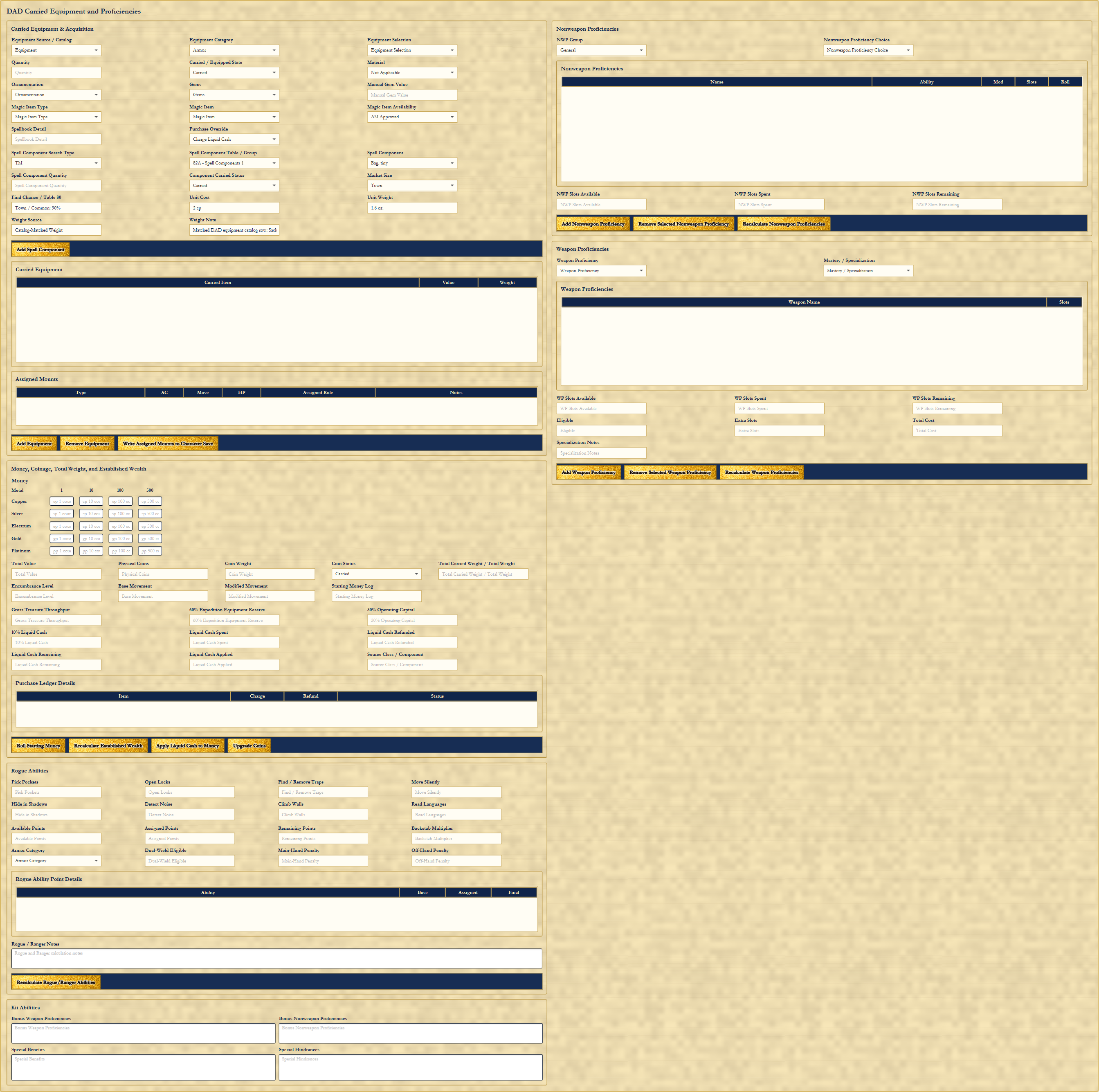New DAD Equipment and Proficiencies page showing carried equipment, mounts, money, proficiencies, rogue abilities, and kit notes.