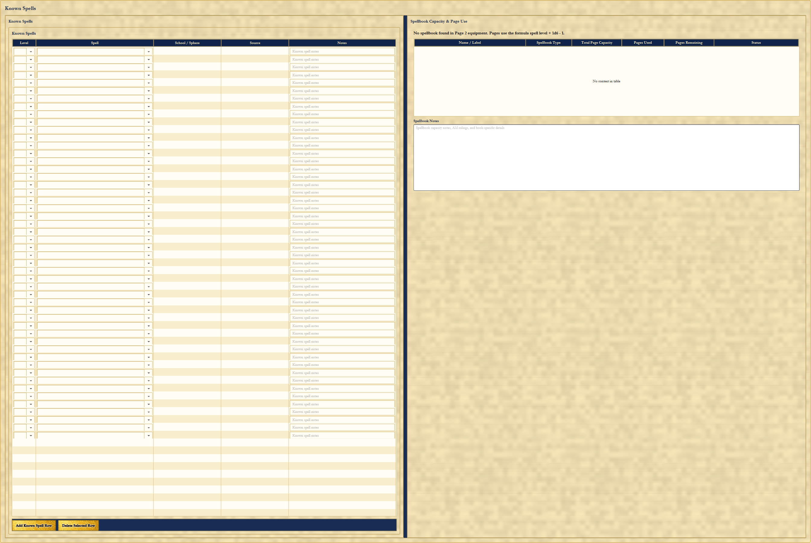 New DAD Known Spells page showing known spell rows and spellbook capacity tracking with pages used and remaining.