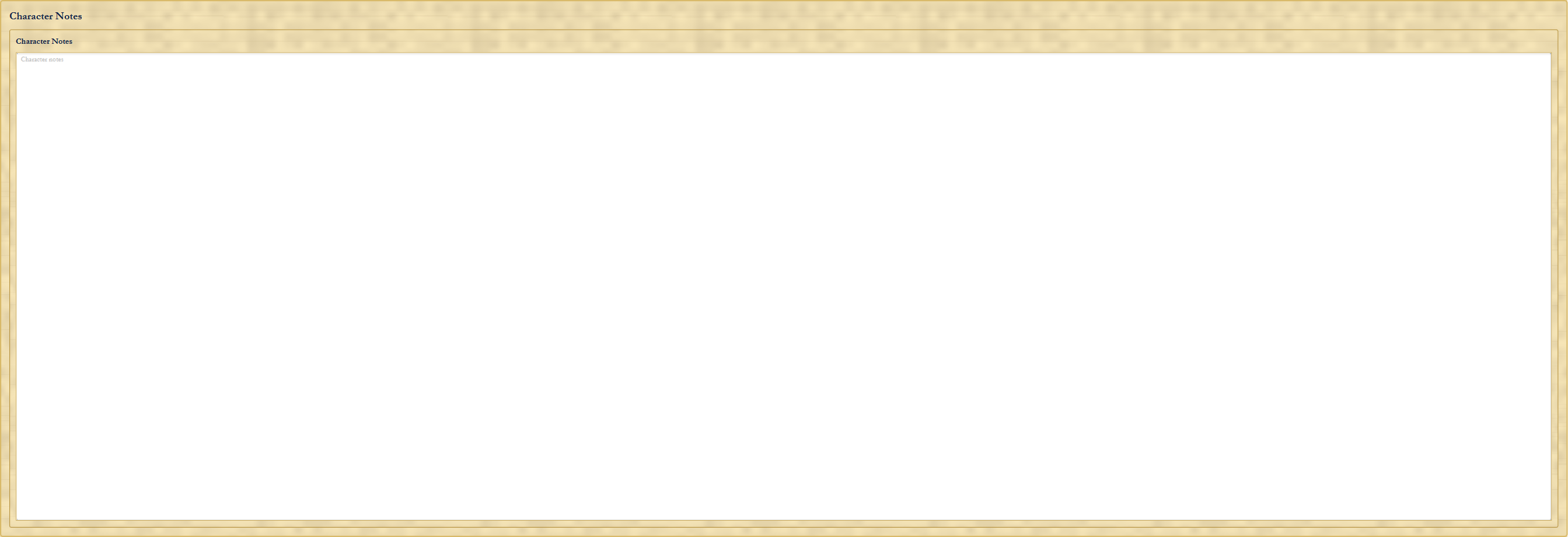 New DAD Character Notes page with a large parchment-backed notes field.